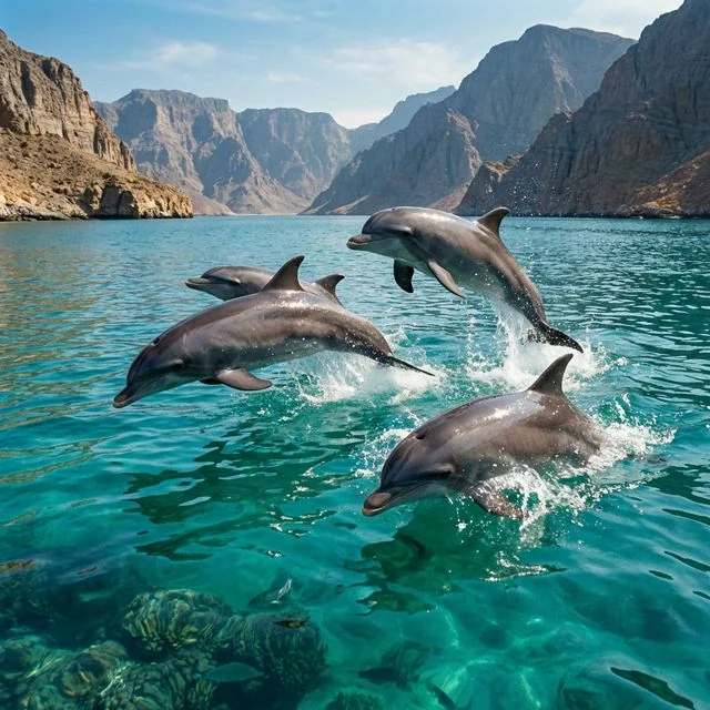 Pod of dolphins swimming alongside a boat in Musandam's waters