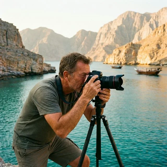 Photographer capturing sunrise over Musandam's fjords