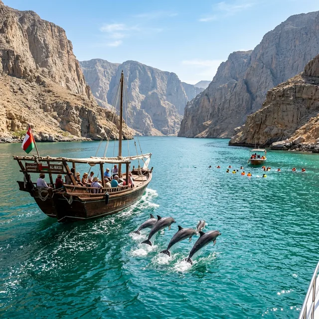 Traditional dhow cruise through Khasab Musandam fjords with dolphins