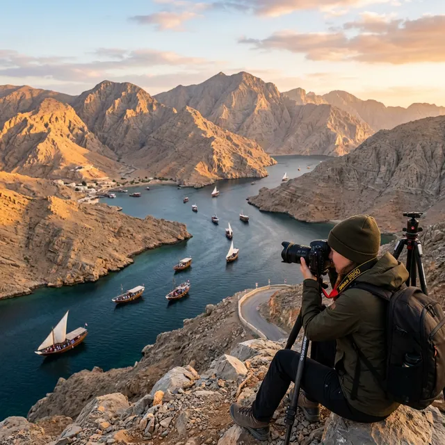 Photographer taking pictures over Musandam fjords at sunset