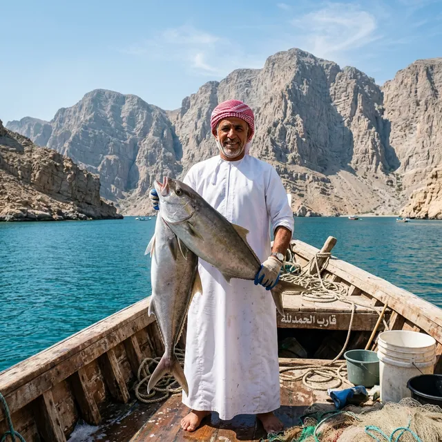Fisherman holding a large fish in Musandam